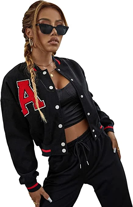 Wit-Ta New Arrival Women Casual Button Down Letter Print Baseball Bomber Long Sleeve Color Block Outerwear