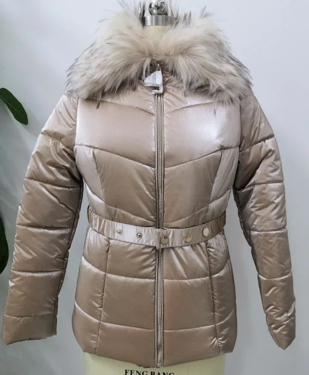 Ladies Puffer Jacket Winter Outerwear with Faux Raccon Fur Collar Fake Down Zipper Front