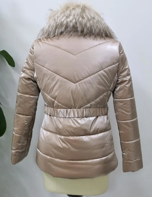 Ladies Puffer Jacket Winter Outerwear with Faux Raccon Fur Collar Fake Down Zipper Front