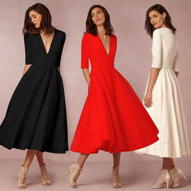 Women′ S Sexy Deep V MIDI Sleeve Dress New MIDI Long Irregular Princess Evening Dresses