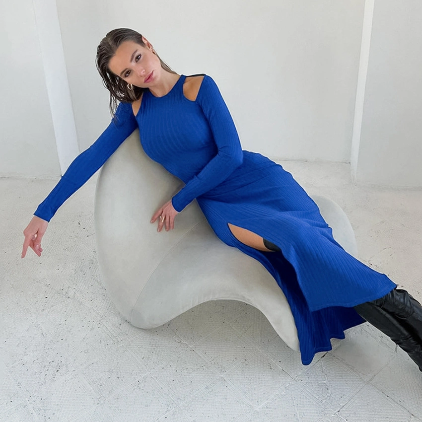 2023 Winter Fashion Women′s Knit Bodycon Long Sweater Dress Women Klein Blue Hollow out Dresses