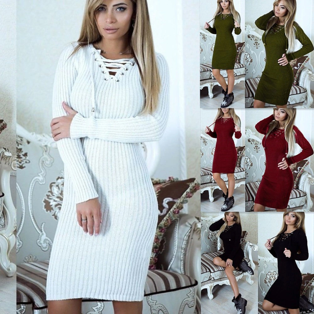 Autumn Winter Sweater Dress Women V Neck Long Sleeve Knit Tight Women′ S Warm Party Dress