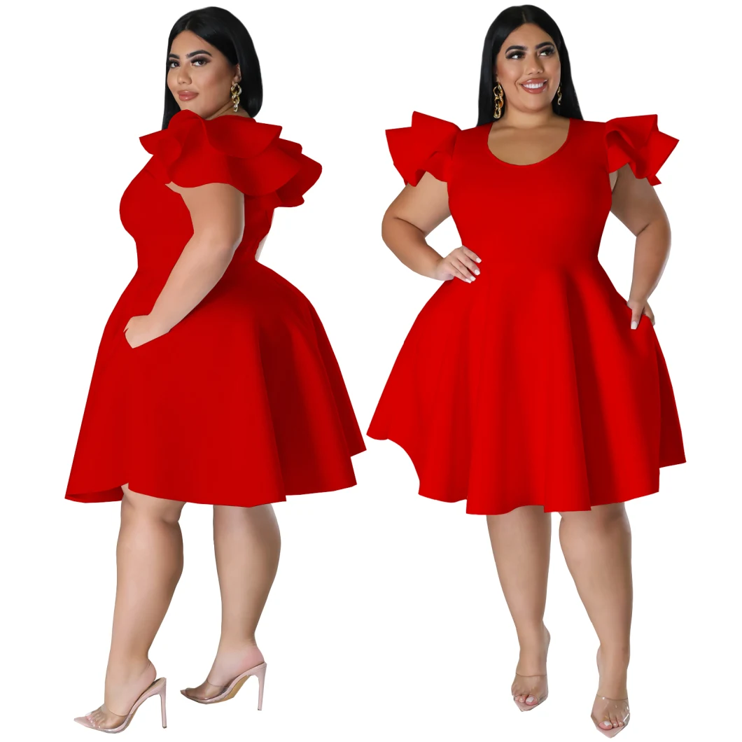 L36920 Solid Color Ruffle Shoulder Plus Size MIDI Swing Dress with 2 Pockets