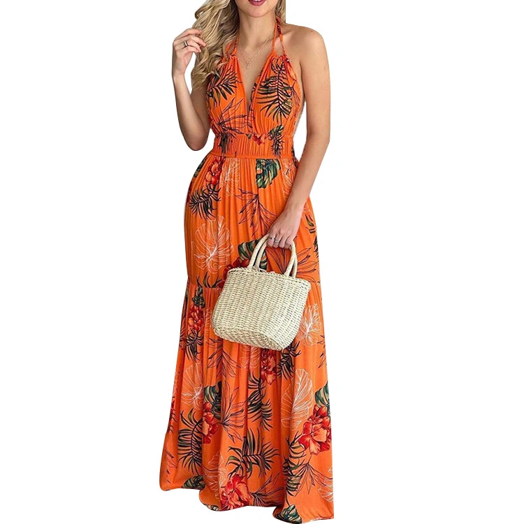 Amazon 2022 European and American Summer New Women′ S Skirt Print Backless Suspender Long Dress