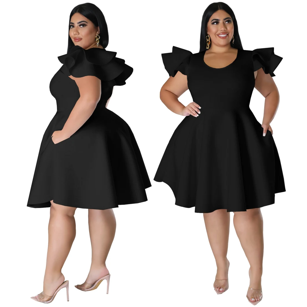 L36920 Solid Color Ruffle Shoulder Plus Size MIDI Swing Dress with 2 Pockets