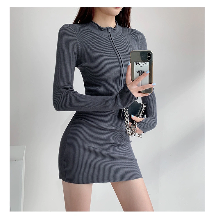 2022 Round Neck Zipper Bodycon Mini Sweater Dress