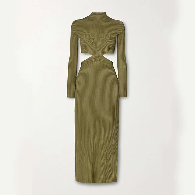 Knitwear Mufacturers Soft Green Cutout Ribbed-Knit MIDI Sweater Dress