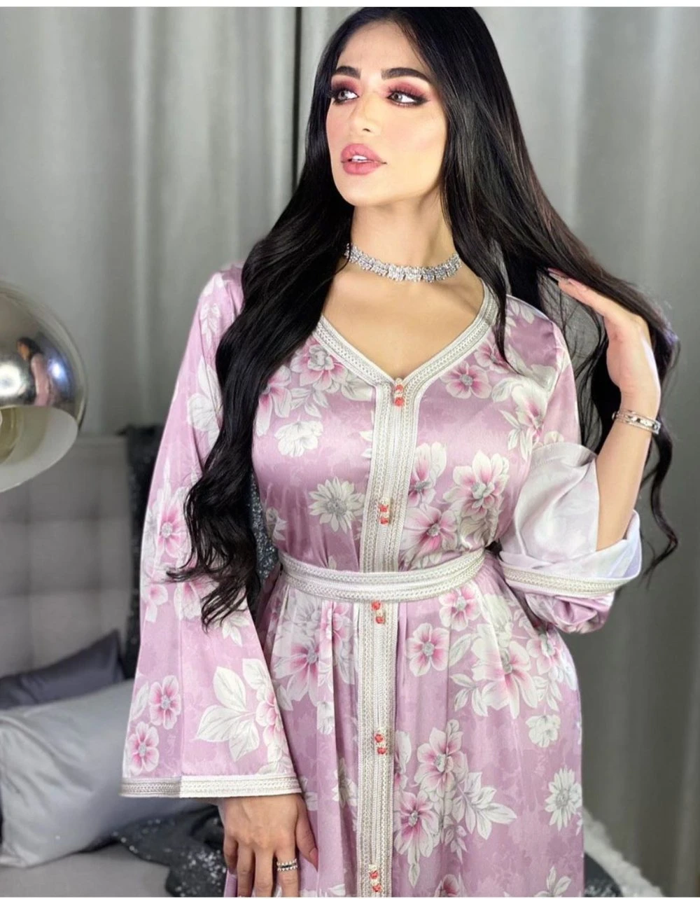 Women′s Print Crushed Lace Muslim Robe Long Dresses