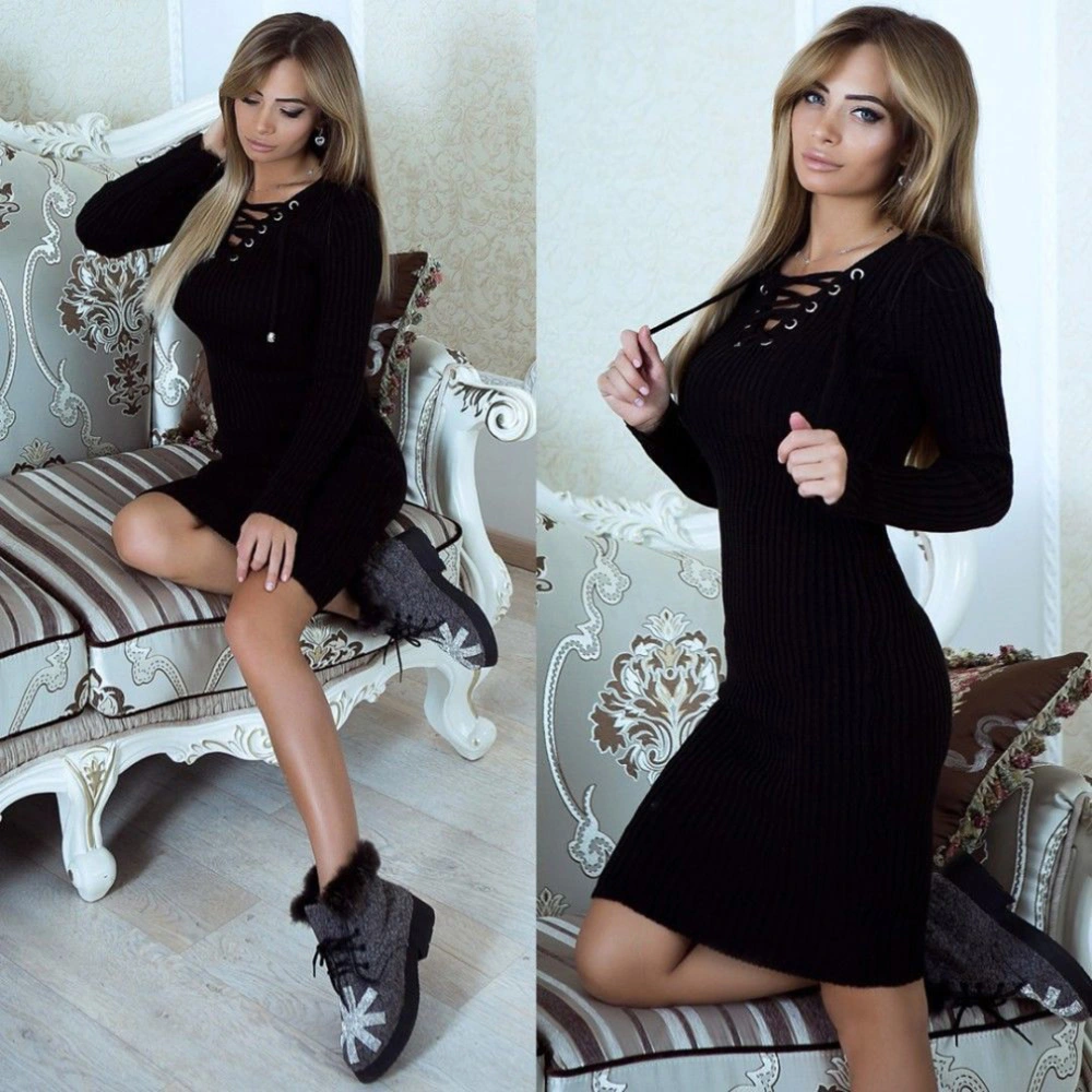 Autumn Winter Sweater Dress Women V Neck Long Sleeve Knit Tight Women′ S Warm Party Dress