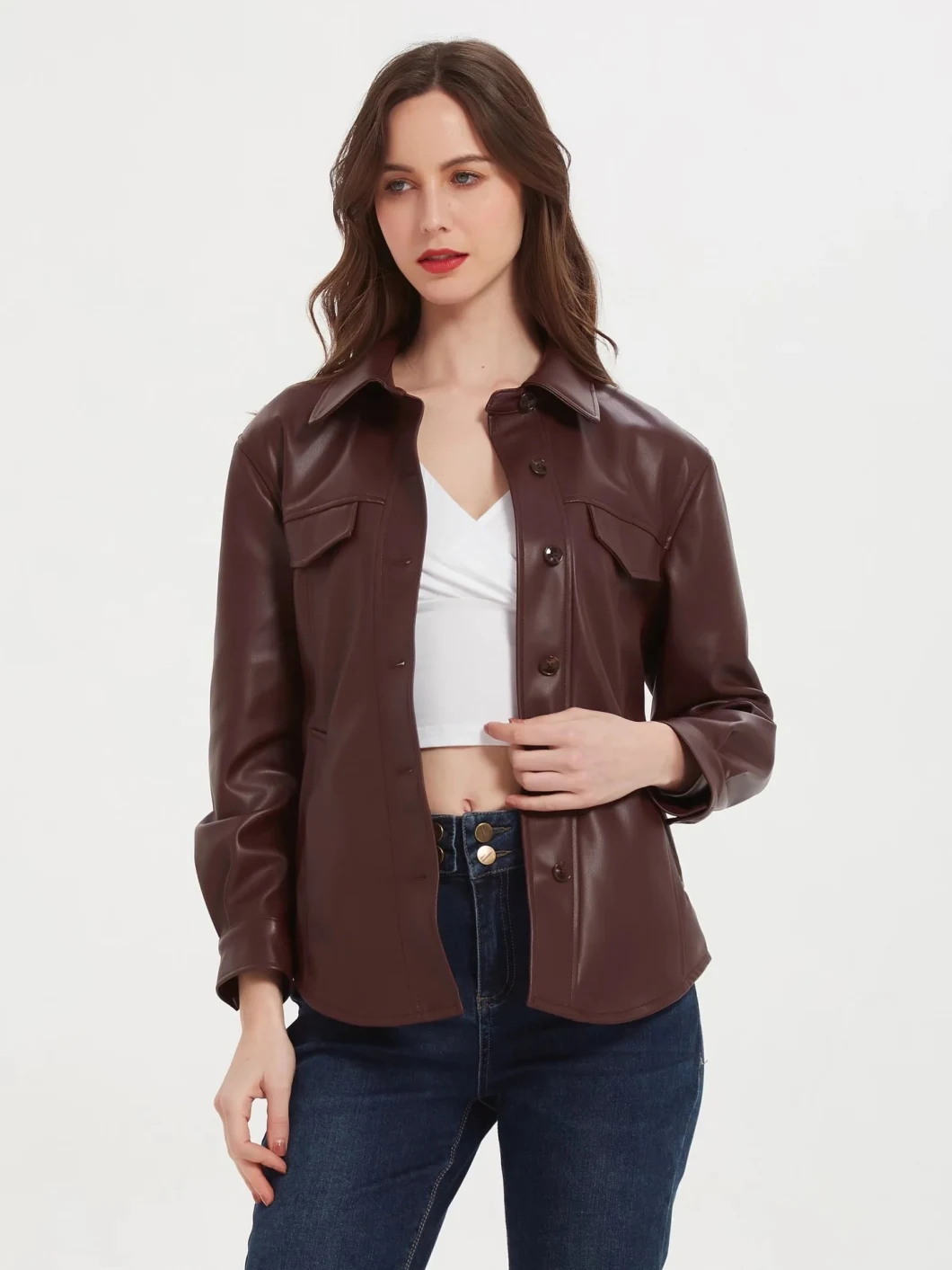 Fashion Brown PU Leather Blouse Oversized Pocket Cotton Female Casual Outerwear Jacket Shirt