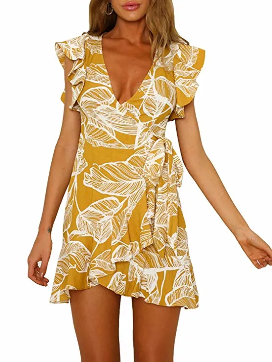 Printing Floral Yellow Womens Mini Dresses Summer Beach Dress 2018 Ruffles V Neck Wrap Dresses for Women